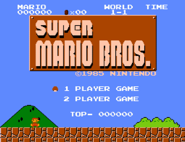 Титульный экран из игры Super Mario Bros., スーパーマリオブラザーズ